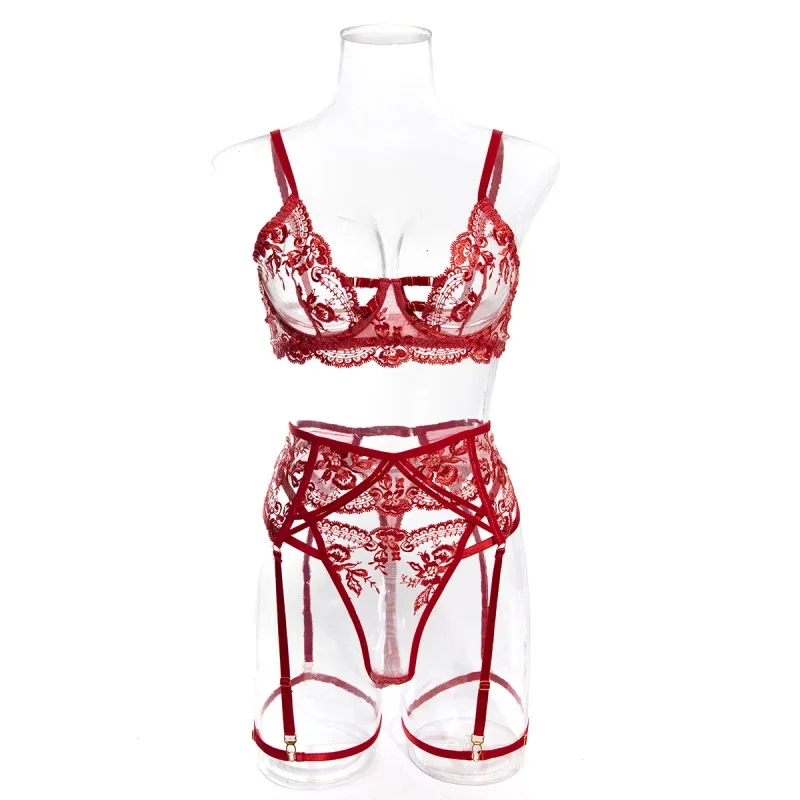 Bikini lingerie sexy see-through seductive embroidered bra garter belt four-piece set