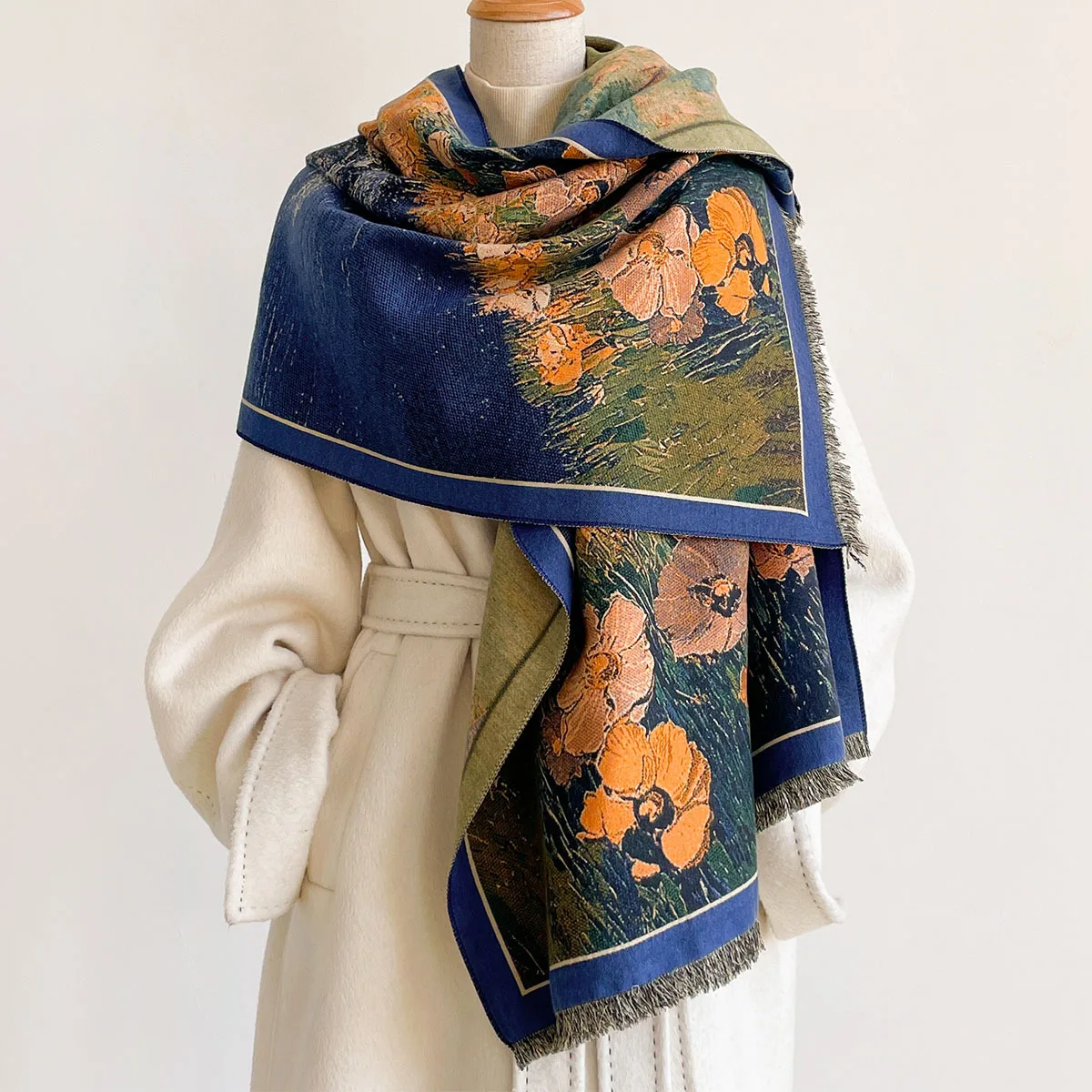 Autumn Winter Women Imitation Cashmere Reversible Scarf Starry Night Philosopher Oil Painting Print Tassel Shawl Wrap Fashion