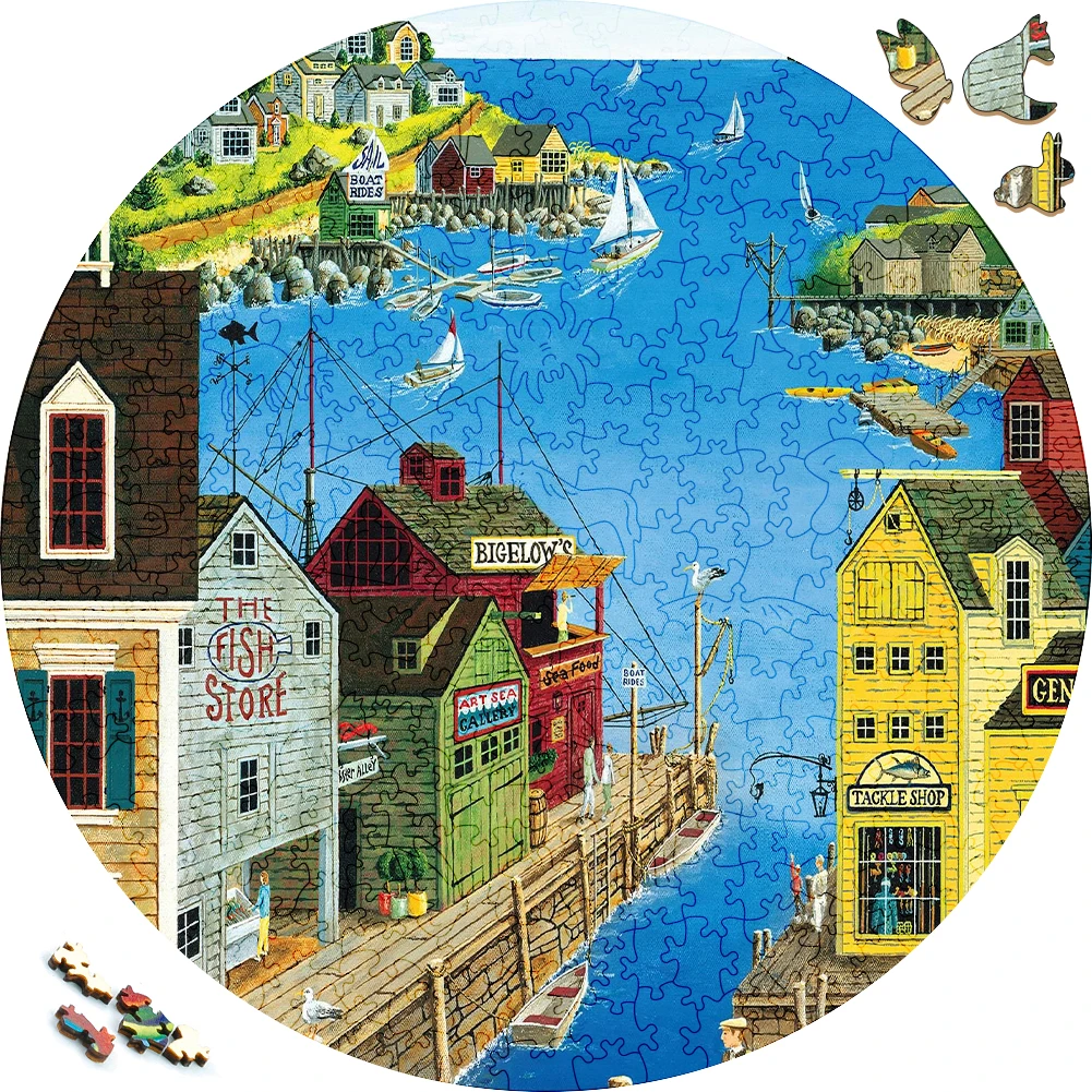 

Unique Wooden Puzzles Harbor Town Sailing Wood Jigsaw Puzzle Craft Irregular Family Interactive Puzzle Gift for Kids Education