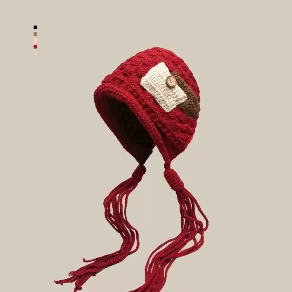 

Retro Long Tassels Crochet Knitted Hat Wool Vintage Ear Protection Hat Retro Warm Lei Feng Hat Outdoor