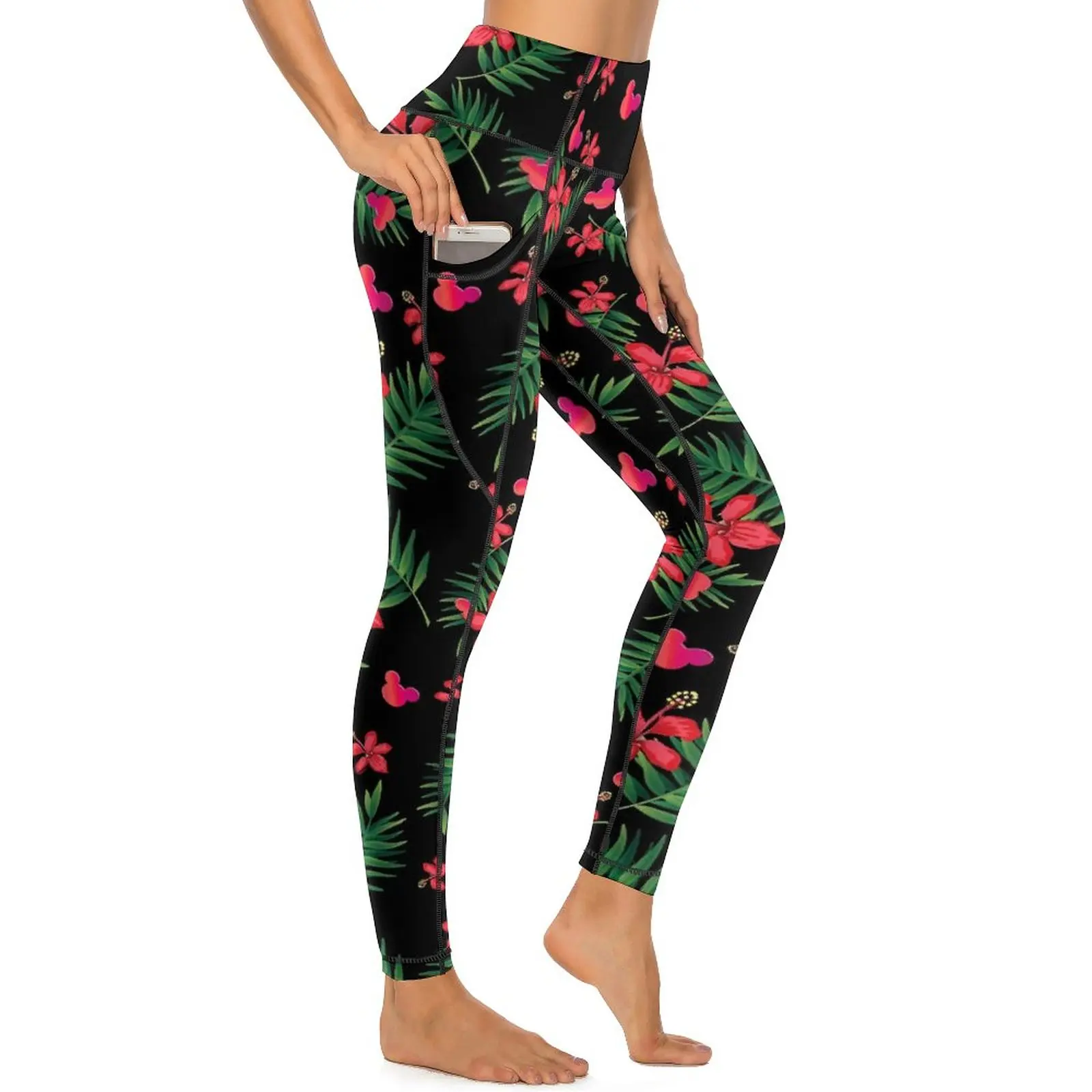 Pantalones de Yoga con orejas florales rojas y bolsillos, mallas con estampado de hojas verdes, mallas deportivas sexis de realce para Yoga, mallas