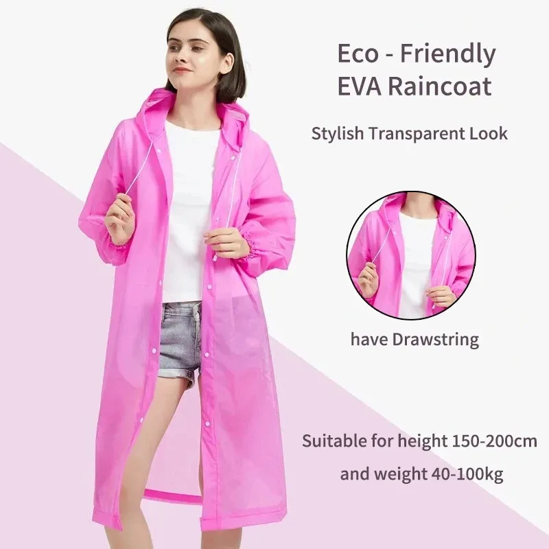 Eco - Friendly EVA Raincoat, Adult & Kids Sizes, Stylish Transparent Waterproof Push - Button Portable Outdoor Poncho (Reusable)