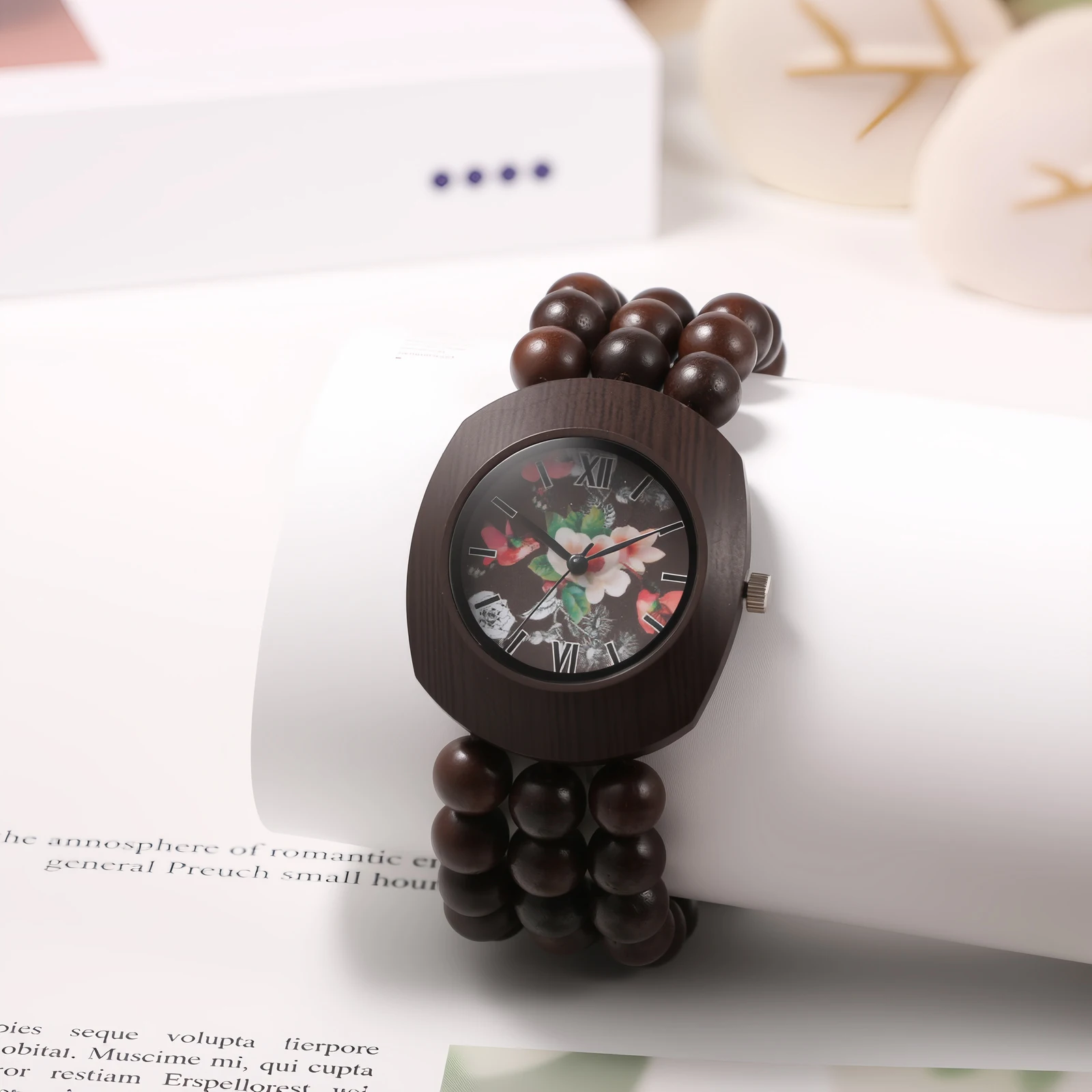 

JEWELRYWE Bohemian Barrel-Case Wood Beaded Stretch Watch for Women, Handmade Natural Wooden Bead Bracelet, Flower Dial Arabic Numeral Boho Fashion Ladies Quartz Watch, Stress Relief Wrist Timepiece
