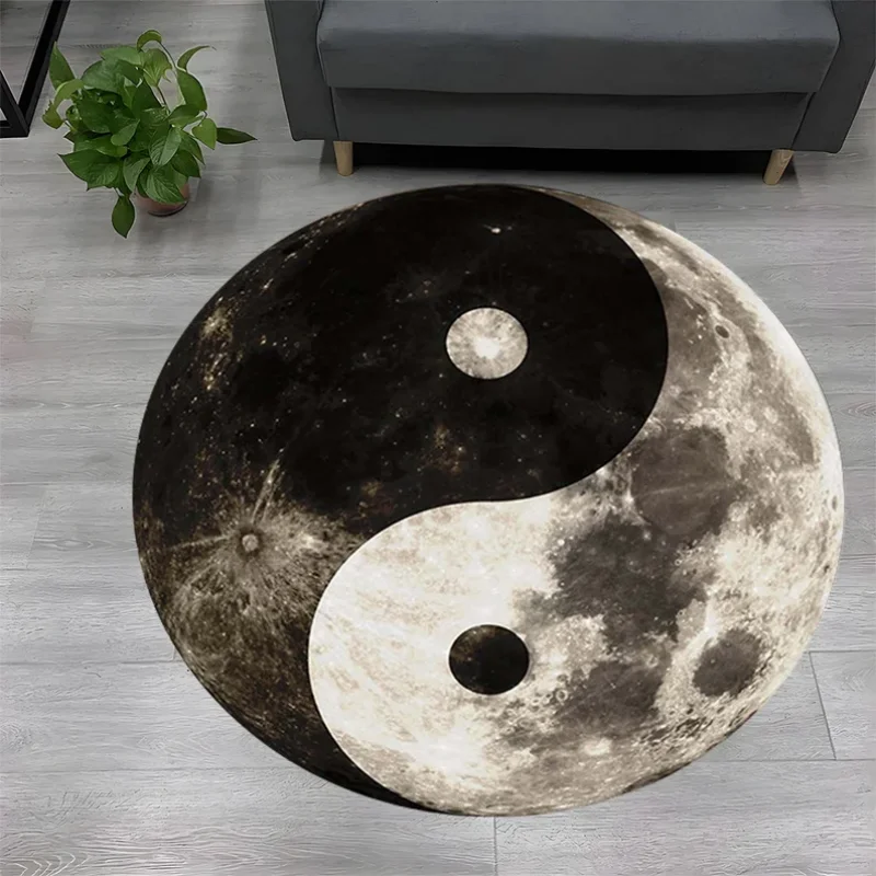 Lunar Texture Yin Yang Round Rug Realistic Moon Surface Print Non Slip Soft Carpet Mystical Space Style Mat Bedroom Decor