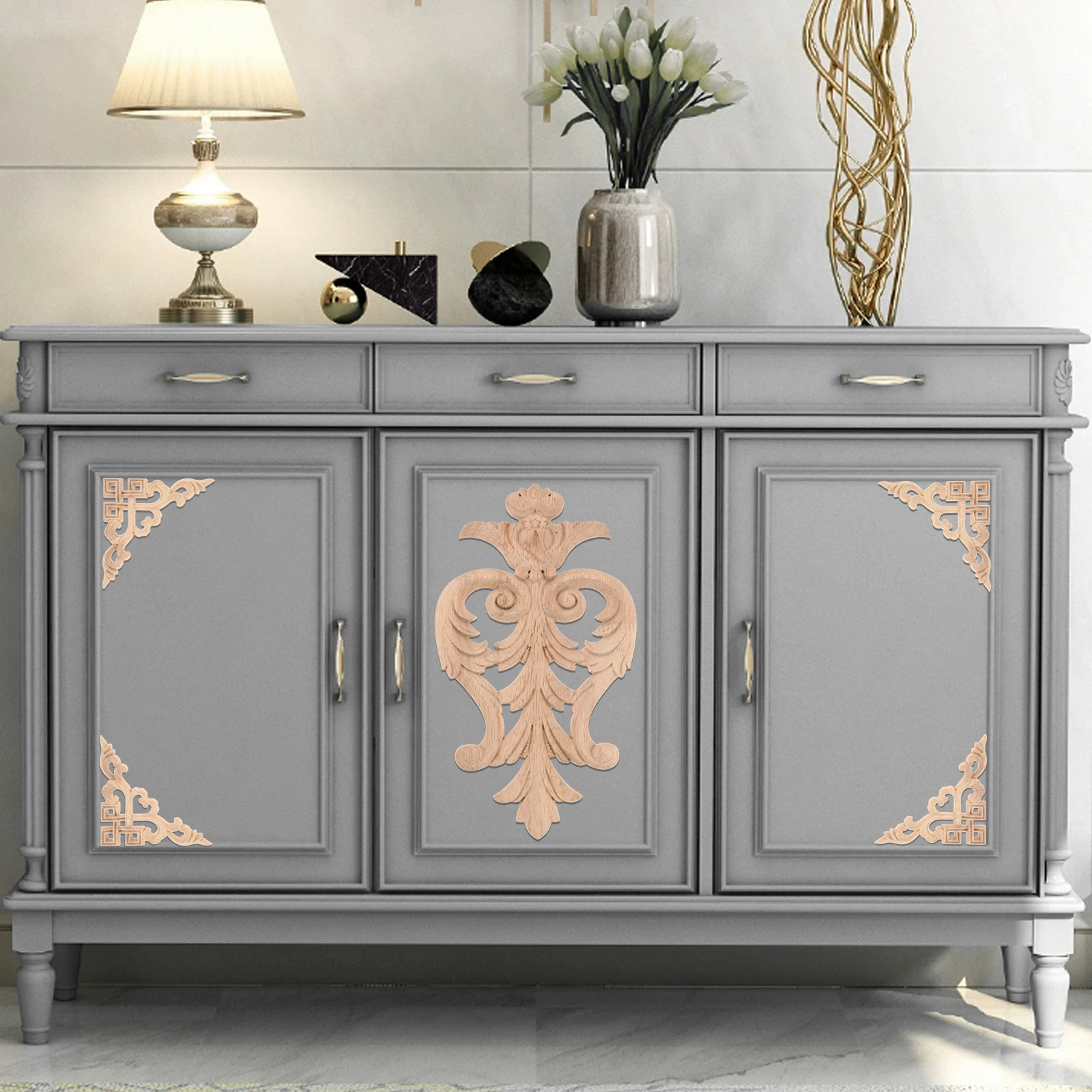 5pcs Wood Appliques Hollow Branch Crown Flower Pattern European Style Unfinished Wooden Corner Furniture Chest Decals 10cm-25cm