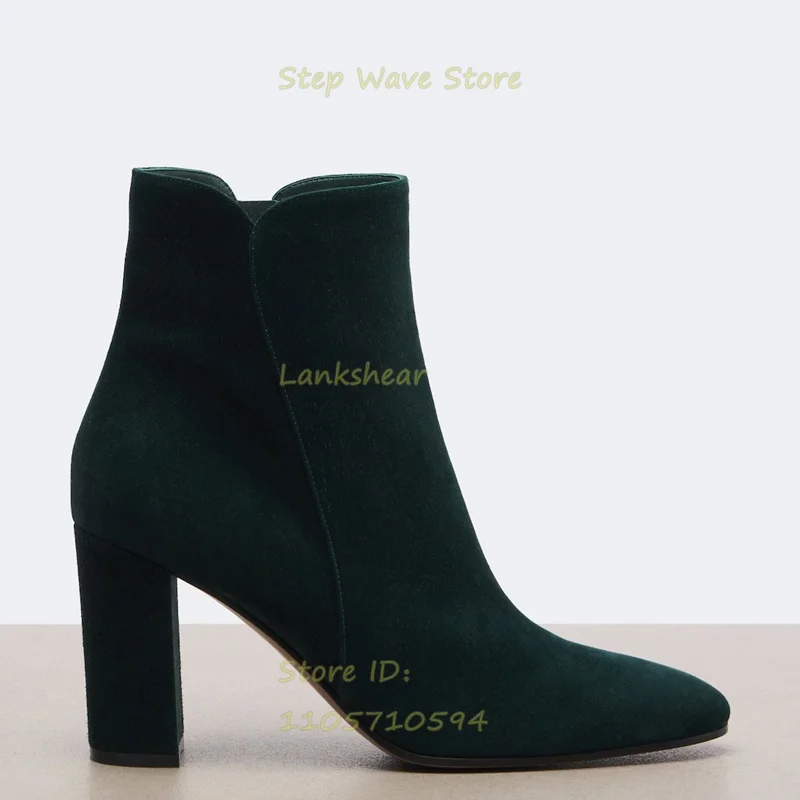 Green Smooth Suede Ankle Booties Round Toe Chunky Heel Runway 2026 Winter Autumn Women Dress Shoes Zipper Handmade Hot Sale