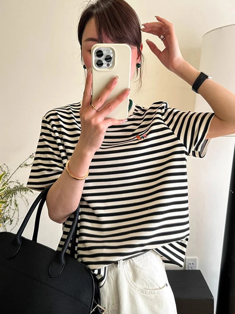Efecto adelgazante ort Sve camiseta a rayas Casual Base de algodón puro irt Faionable coreano Sle redondo Ne Top para verano