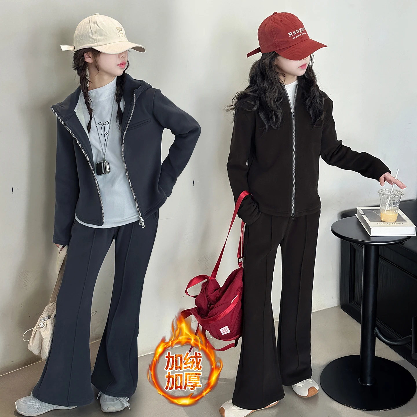 

winter teen girls Thick velvet sportswear suit plush hoodes jacket+bell-bottoms pants 2pcs junior kids sport set child outfits