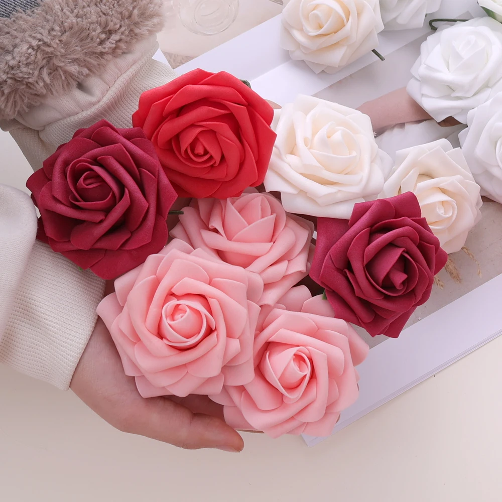 Artificial Flowers Ivory Foam Fake Roses with Stems for DIY Wedding Bridal Shower Centerpieces Tables Decorations Party Bouquet