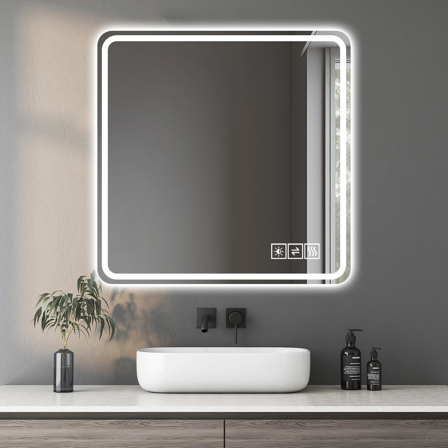 36*36 Inch LED Bathroom Mirror With Anti-Explosion Glass Anti-Fog Features and Tri-Color Changing in Silver Color