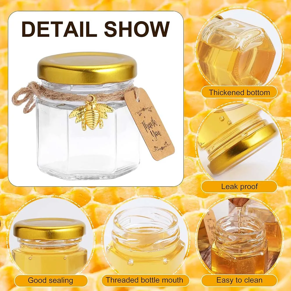 Mini Glass Honey Jars, Hexagon Small Honey Jars in Bulk, Baby Shower Favors, Tiny Honey Pot for Wedding and Party Favors, 1.5 oz