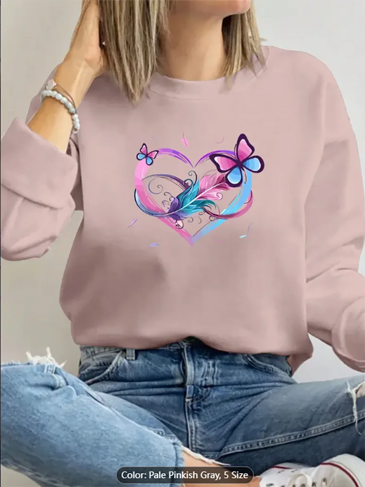 

Женская толстовка с перьями бабочки и сердечками, графический принт, повседневный пуловер большого размера, топ для любителей романтического стиля, чистый хлопок