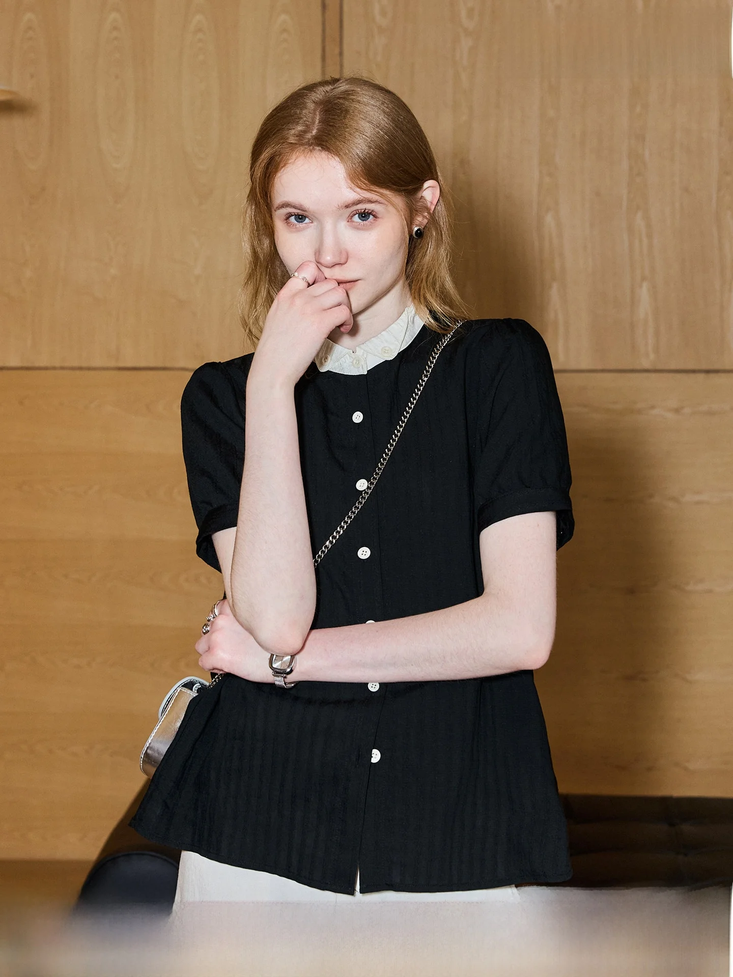 

KUHNMARVIN Women's Loose Fit Color Block Short Sleeve Shirt Stand Collar Korean Style Summer New Fashion Breathable Top