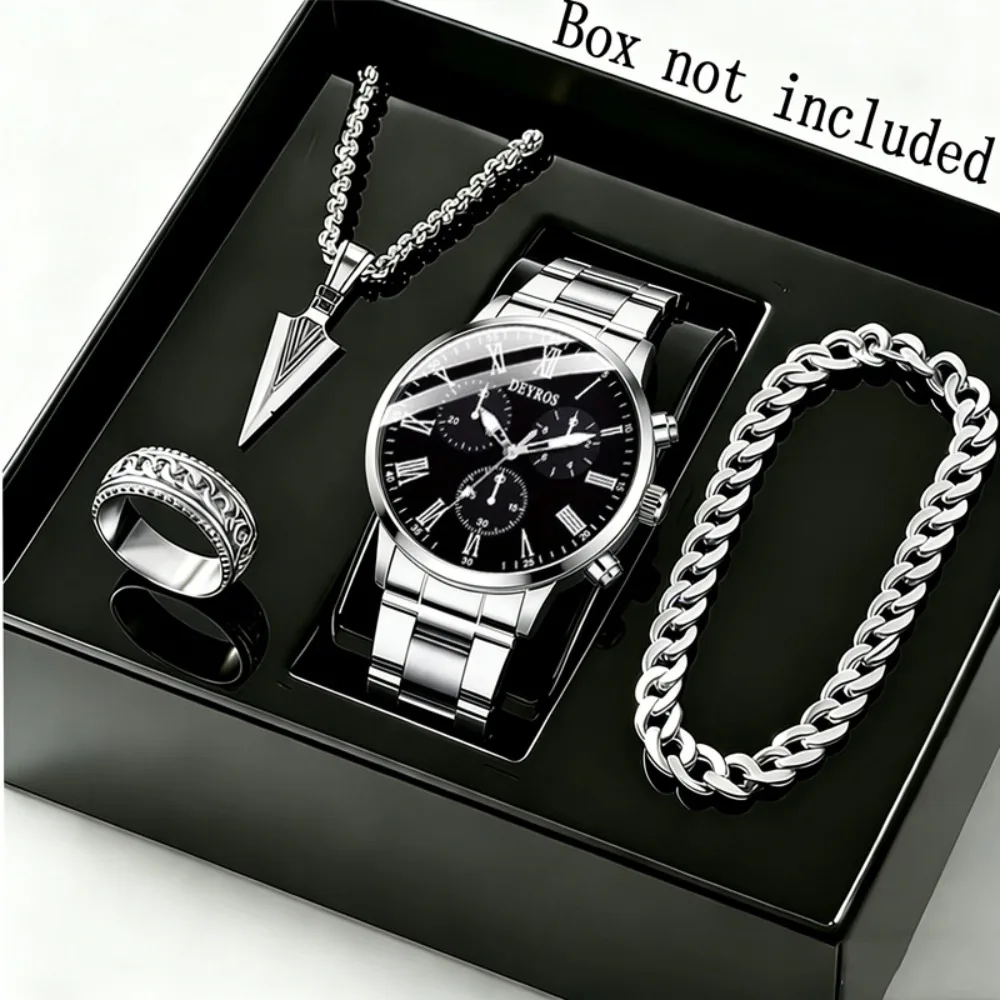 4pcs/set Men's Watch and Triangle Spearhead Necklace Set Stylish Business Quartz Watch for Men, Stainless Steel Strap