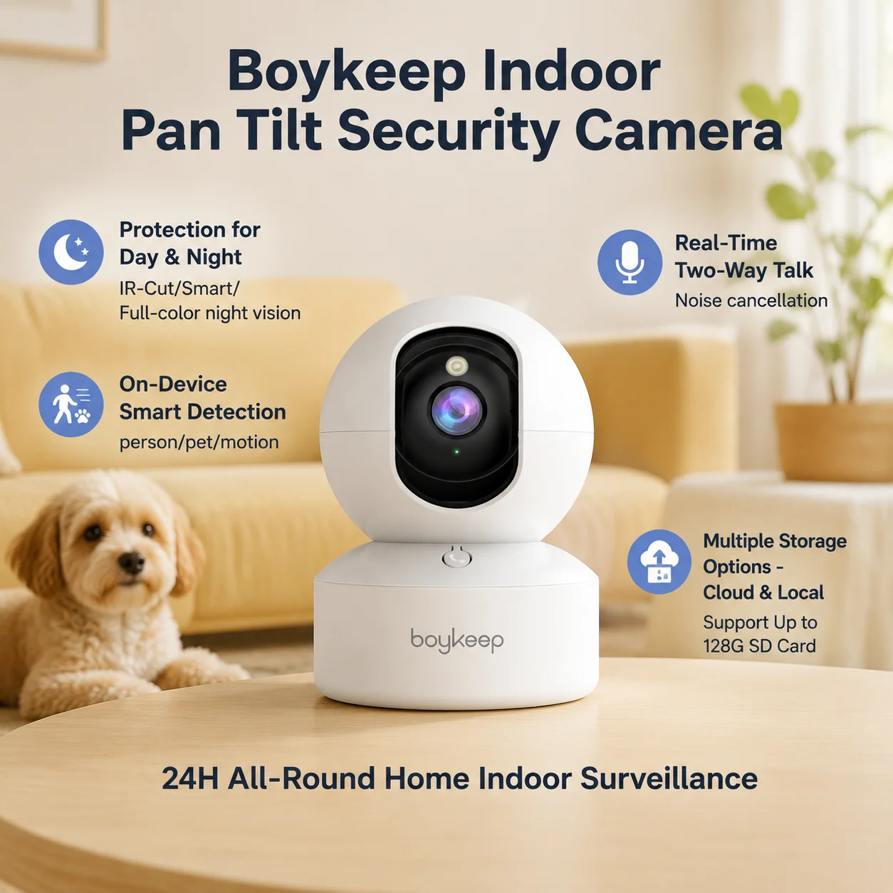 Boykeep 2K Pet Dog Camera with Phone App, 5G/2.4GHz WiFi Indoor Security Baby Camera, 360° Pan & Tilt, 2-Way Audio, Night Vision