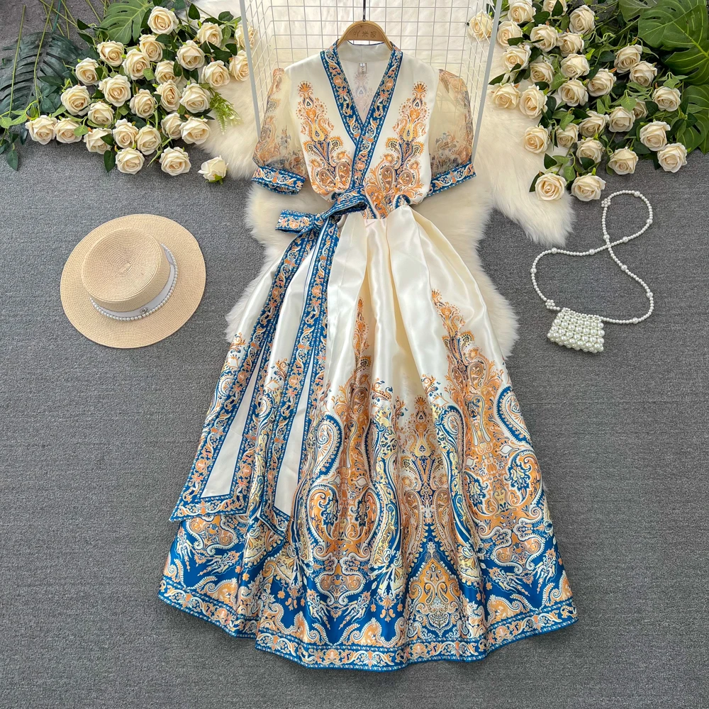 

Summer Bohemian Women's Long Dresses Elegant V-Neck Short Sleeve Vintage Floral Print Bandage Dress Lace Up Maxi Dress Vestidos