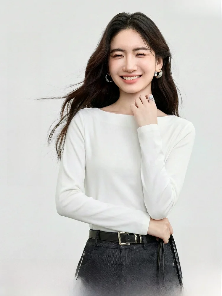 

Women's Cotton Long Sleeve T-Shirt Spring 2026 Simple Basic Inner Wear One-Shoulder Slim Fit Elastic Cotton Top Daily Pure Color