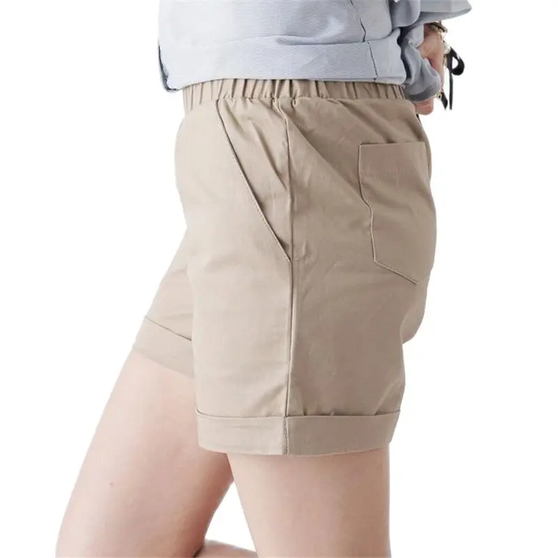 Woman Summer Sweat Shorts Female 100% Cotton Summer Mid Elastic Waist Solid Straight Pleated 100% Cotton Breathable Short Pants