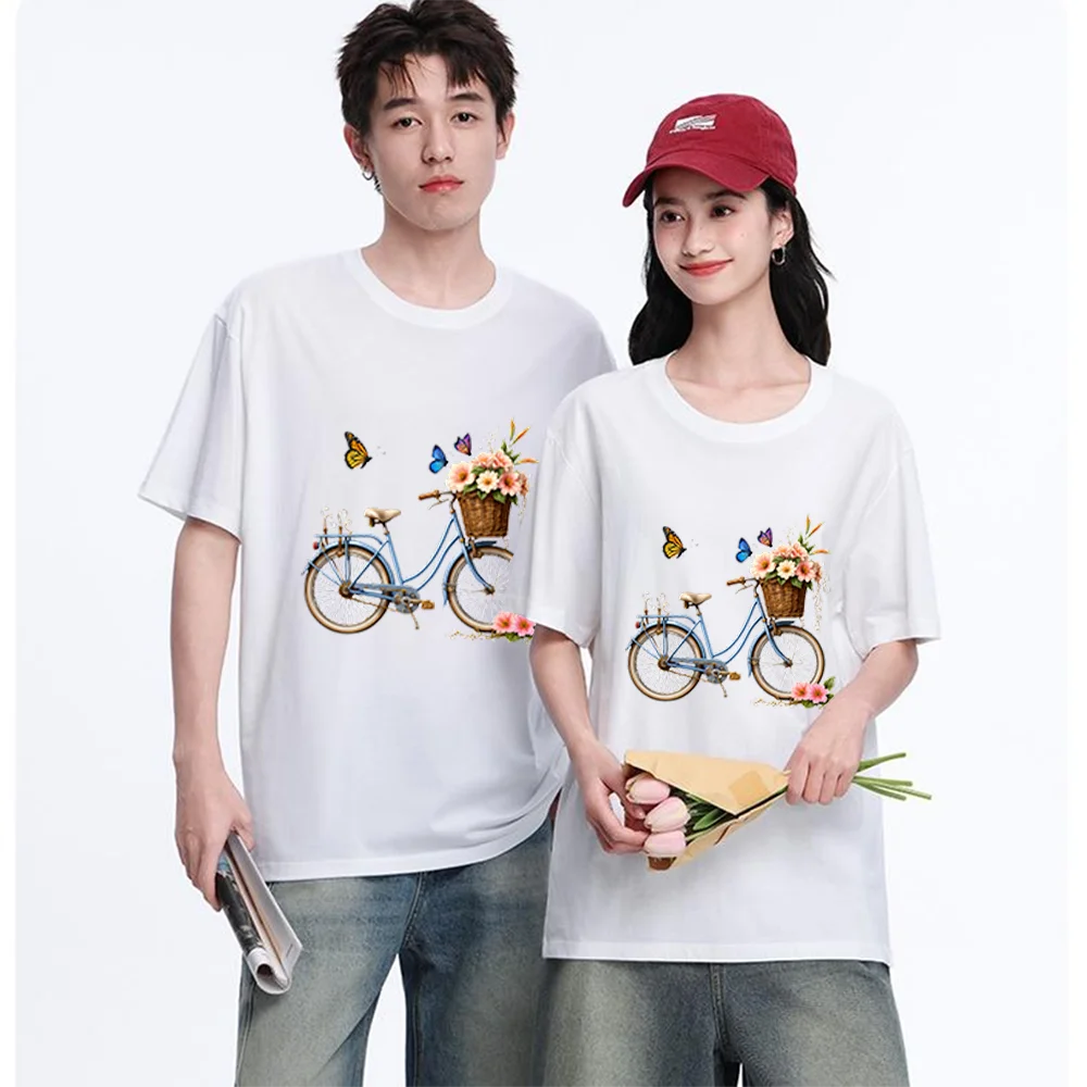 Vintage Bicycle With Flower Basket And Butterflies Printed T Shirt Breathable Fabric S-XXL Personalized Custom T Shirt Casual Sh