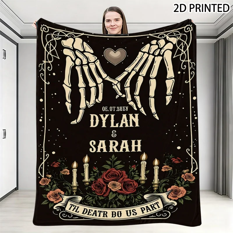 Gothic Spooky Romantic Skeleton Couple And Candle Rose Print Throw Blanket, Halloween Themed Fall Decor with Multiple Specificat