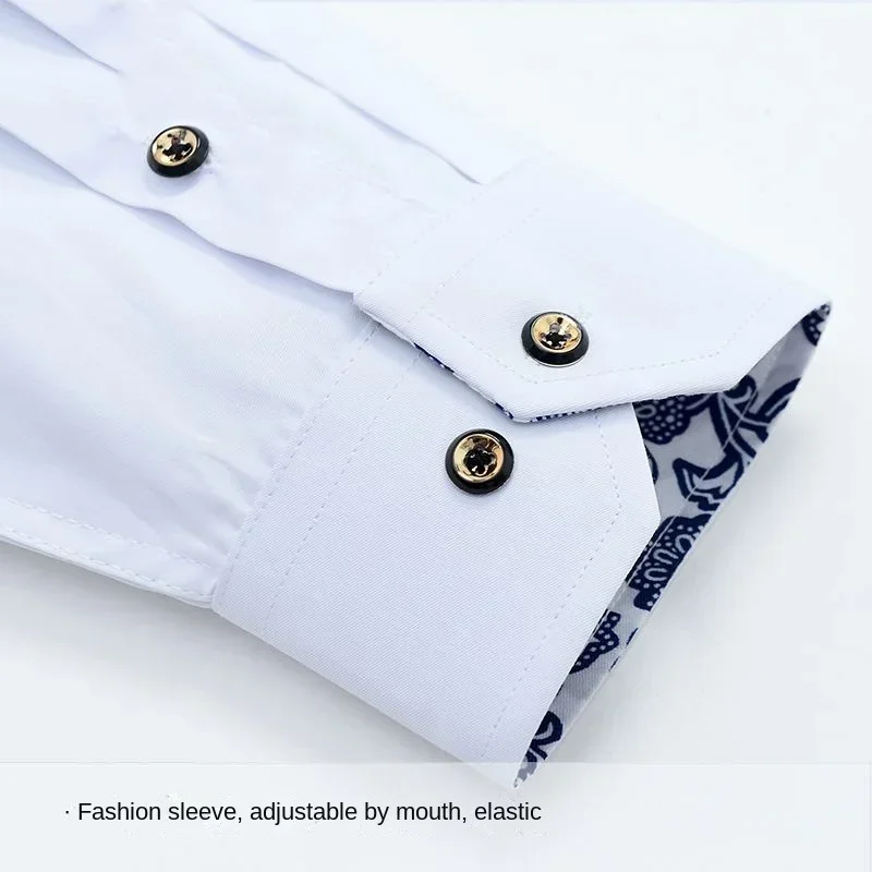 Blue and White Porcelain Collar Shirt Long Sleeve Men\'s Dress Shirts Slim Fit Two Pieces Set Button Down Business Casual Shits