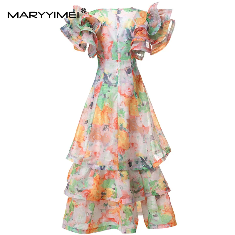 MARYYIMEI elegante manga borboleta profundo decote em v em camadas babados maxi vestido feminino fino moda impressão vestido de baile S-4XL vestidos