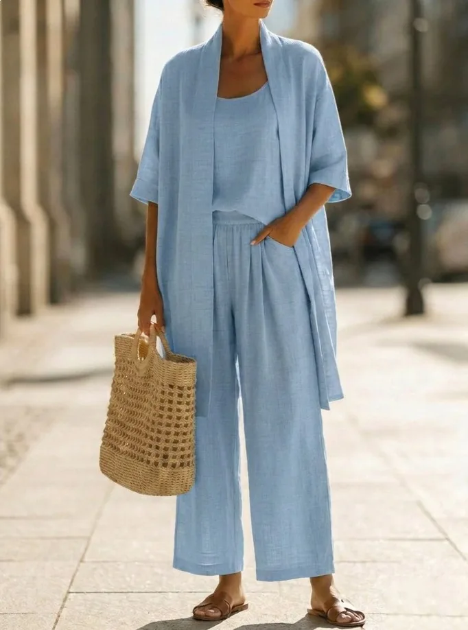 

Casual Three-piece Set For Women 2026 Spring Solid Loose Vest Shirt Trouser 3pc Set Straight Travel Vacation Three-piece Set
