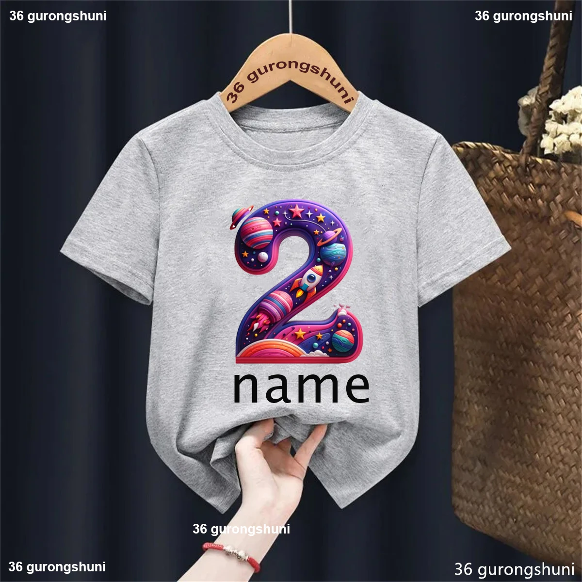 Custom Name 2th Birthday Gift Printed T Shirt Girls/Boys Astronaut Spacecraft Planet Tshirt Kawaii Kids Clothes Solid T-Shirt