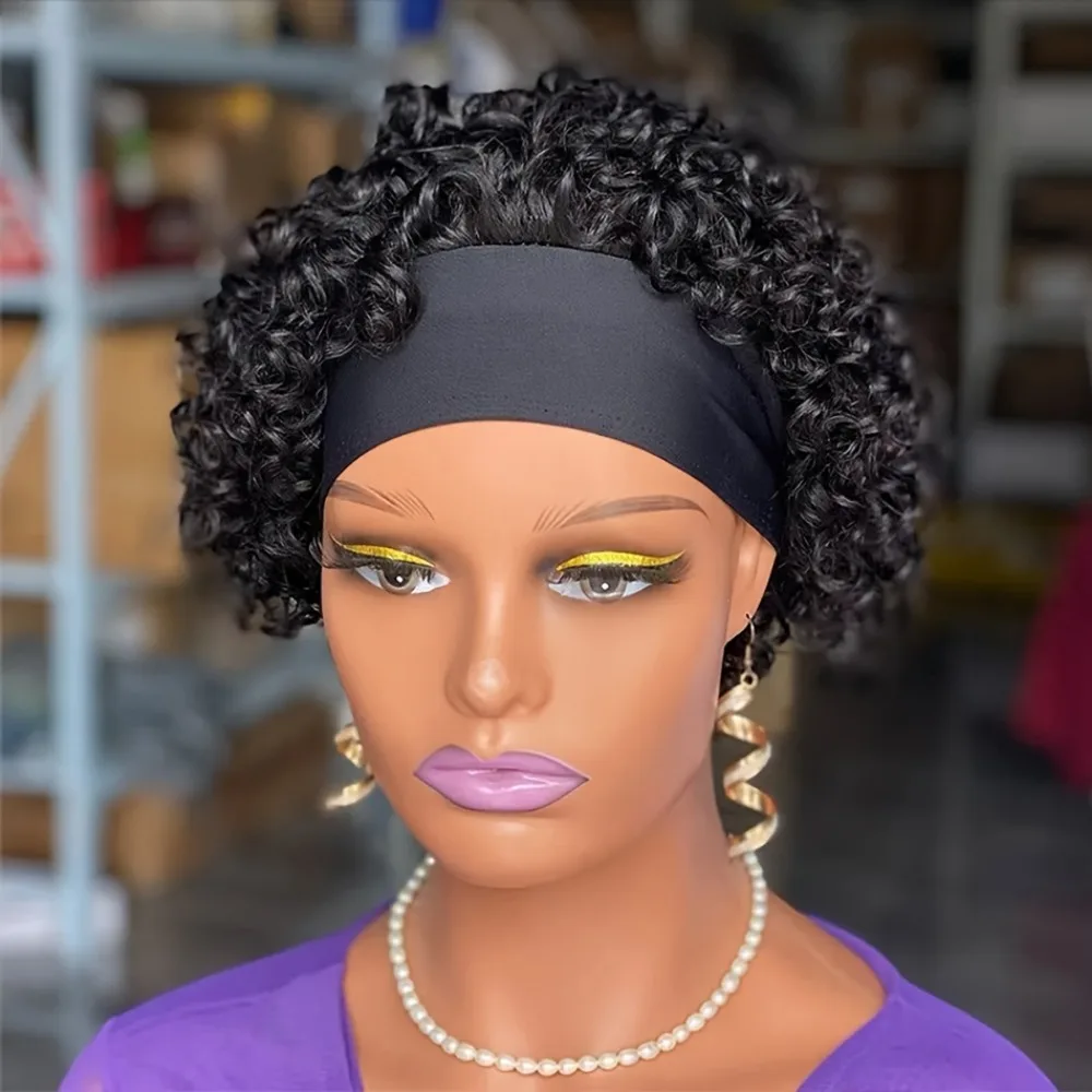 

Повязка на голову Пикси, вьющийся парик, перуанский парик из человеческих волос Реми, короткая вьющаяся стрижка Пикси, полный машинный парик, 6-дюймовые человеческие волосы