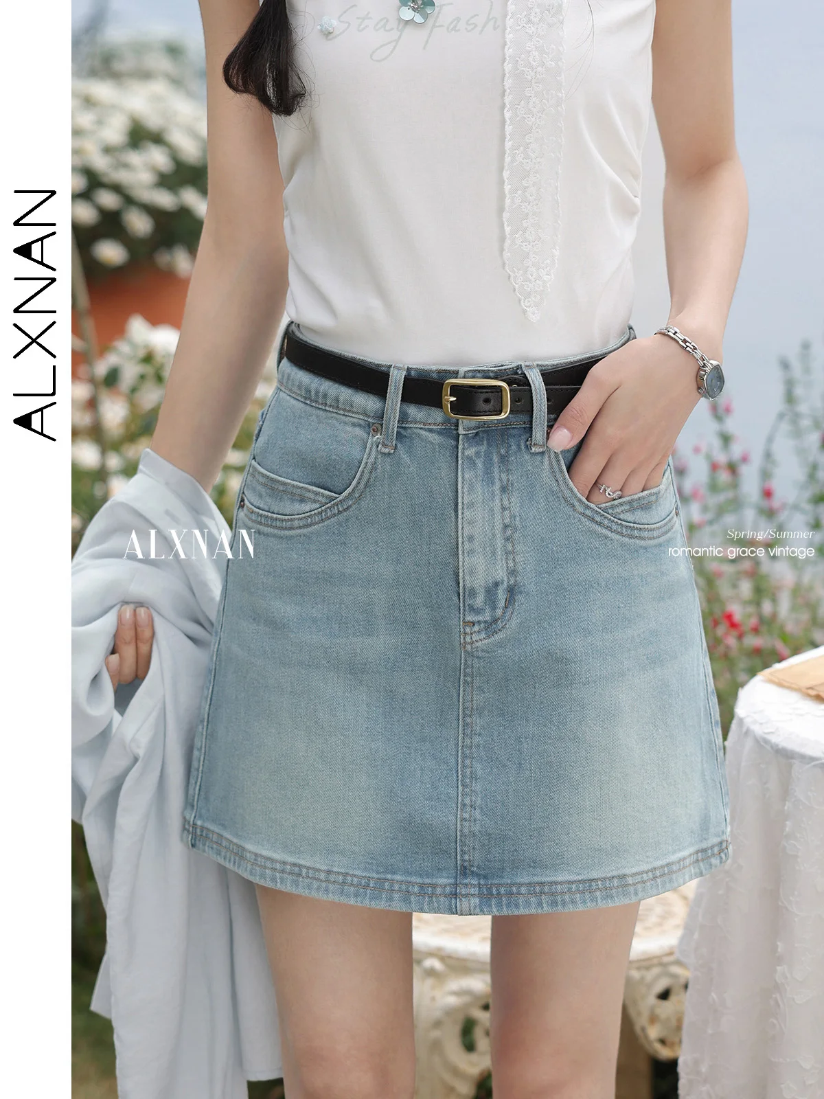 ALXNAN Women's Skirt Blue Vintage Elegant Mini Denim Skirt 2025 Summer High-waist A-line Cotton Casual Ladies Clothing L55172