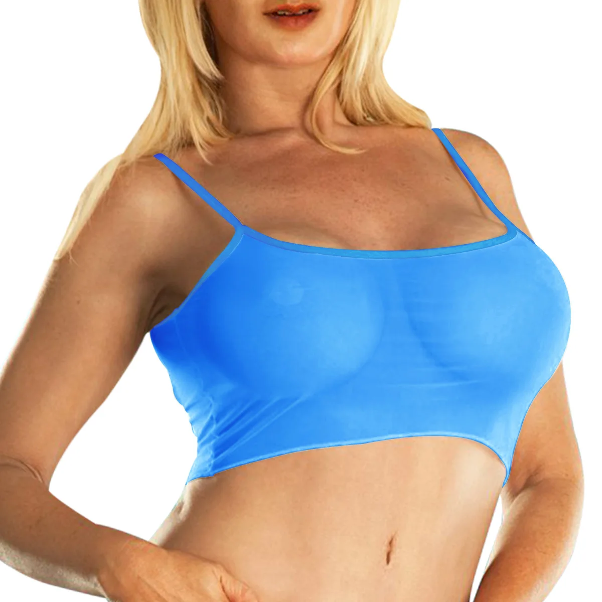 Regatas transparentes para mulheres, top cropped elástico transparente, alça sem mangas de verão, malha feminina, top branco