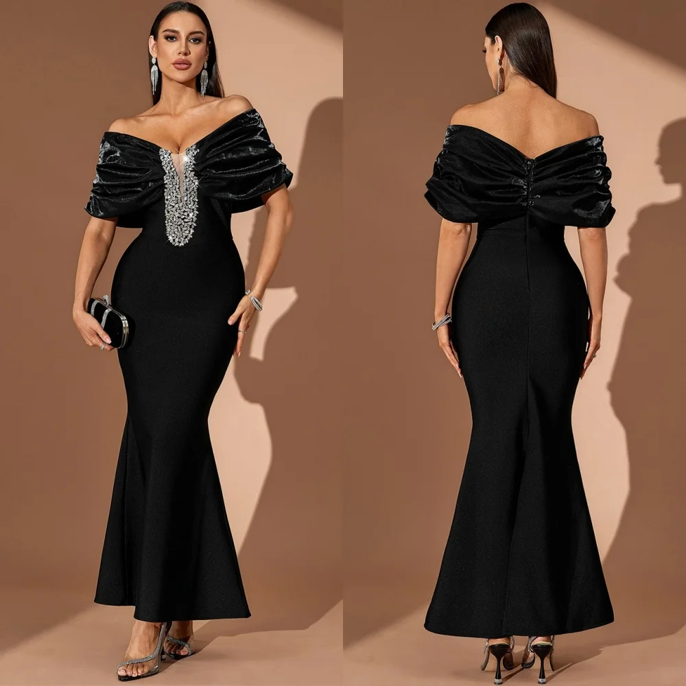 

Customized Mermaid Simple Black Evening Dresses Classic Off the Shoulder Homecoming Dresses Sweep Train Vestido De Festa