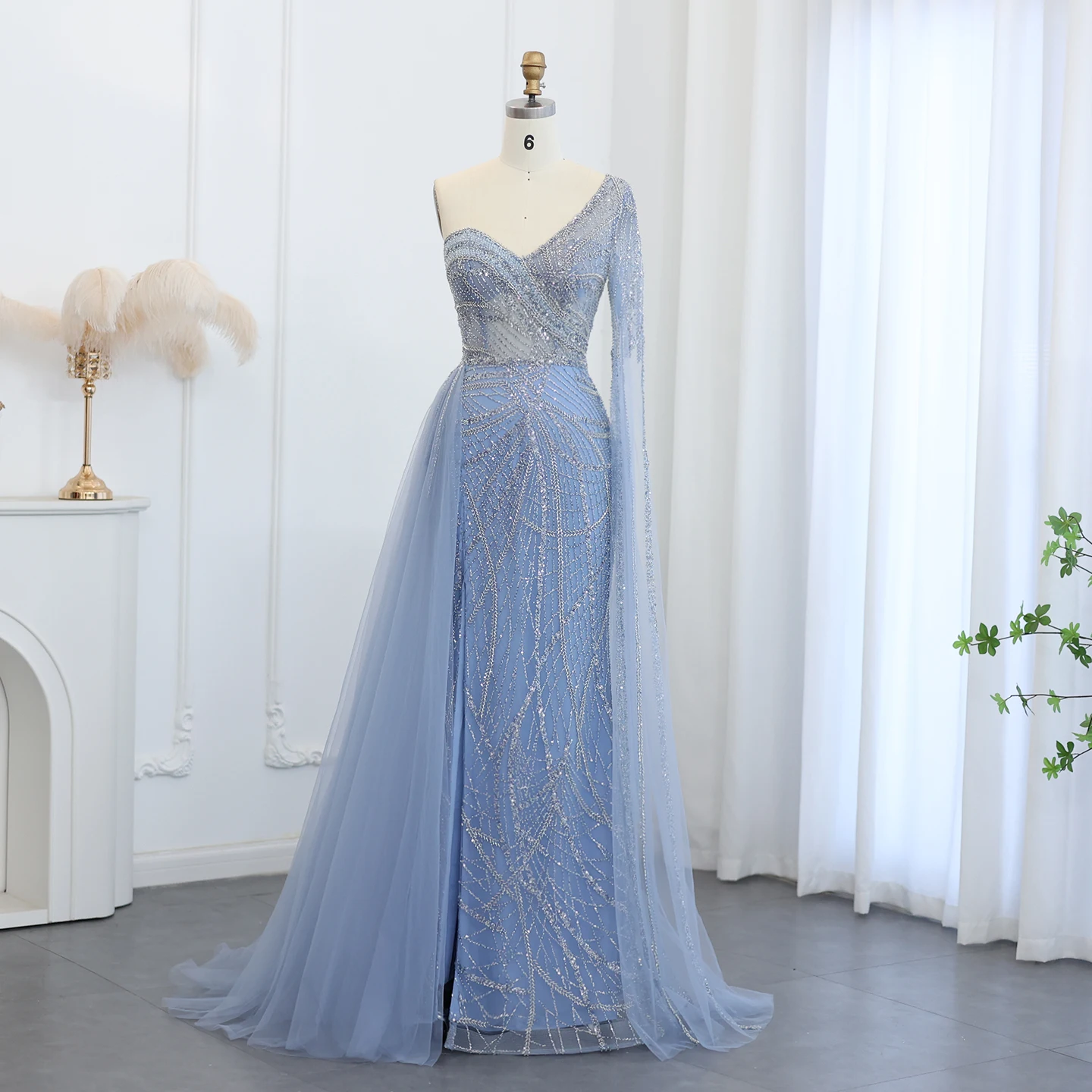 

Шарон Саид Роскошное зеленое вечернее платье русалки на одно плечо с накидкой и рукавами плюс размер синее свадебное платье SS054 по индивидуальному заказу