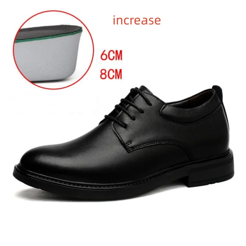 High End Office Business Dress Shoes for Men Thick Soled Simple Black Genuine Leather Casual Shoes with Inner Height Feature