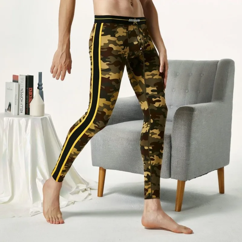 Men Camouflage Print Long Johns Front Button Opening Elastic Waist Thermal Underwear Bottoms Male Warm Base Layer Bottom Pants