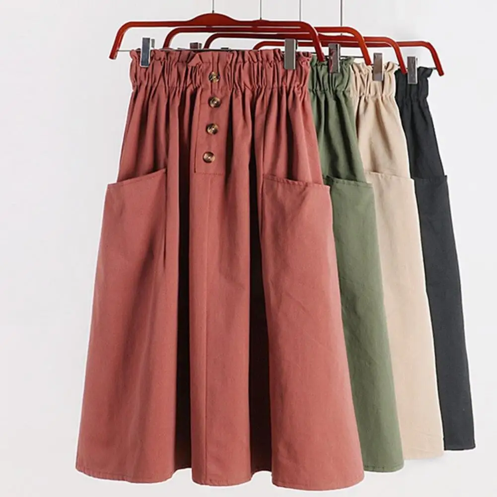 Women High Waist Skirt Elegant High Waist A-line Skirt with Pockets Button Detail Women's Midi Skirt for Stylish Everyday Wear