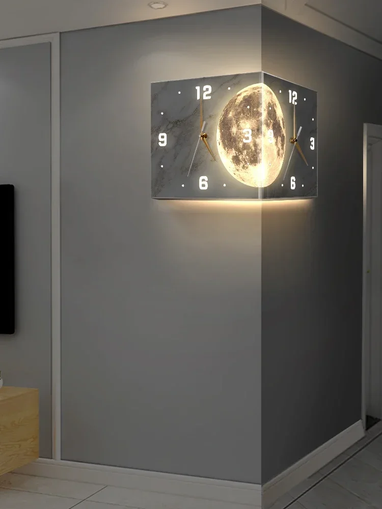 2023 new living room corner double-sided luminous creative clock wall lamp Moon corner wall clock hole-free corner clock