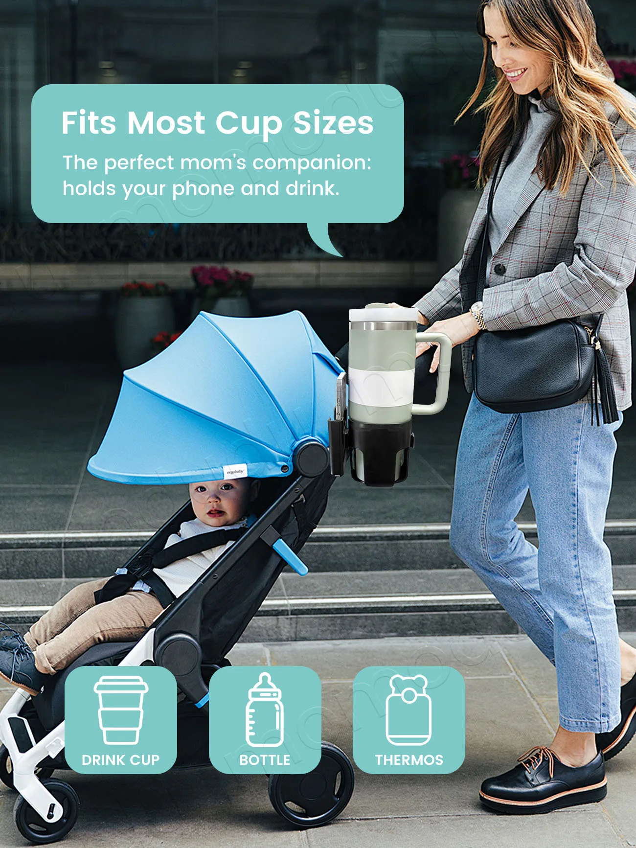 حامل أكواب لعربة الأطفال كبير الحجم 2 في 1 مع حامل هاتف - 360 درجة ° مشبك قابل للتعديل، حامل قابل للفصل #6