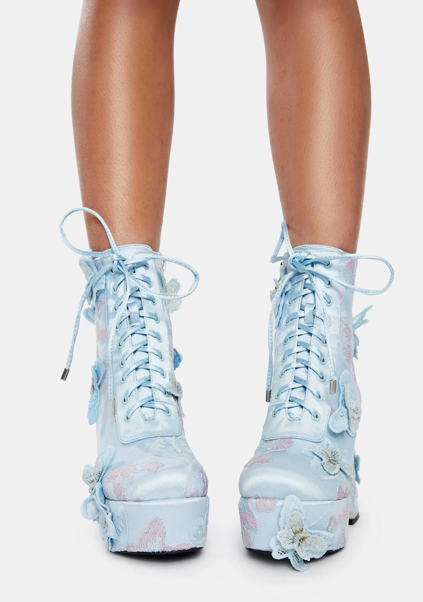 Elegant Women's Light Blue Satin Butterfly Platform Ankle Boots Floral Embroidery Lace-Up Design Round Toe Block Heel