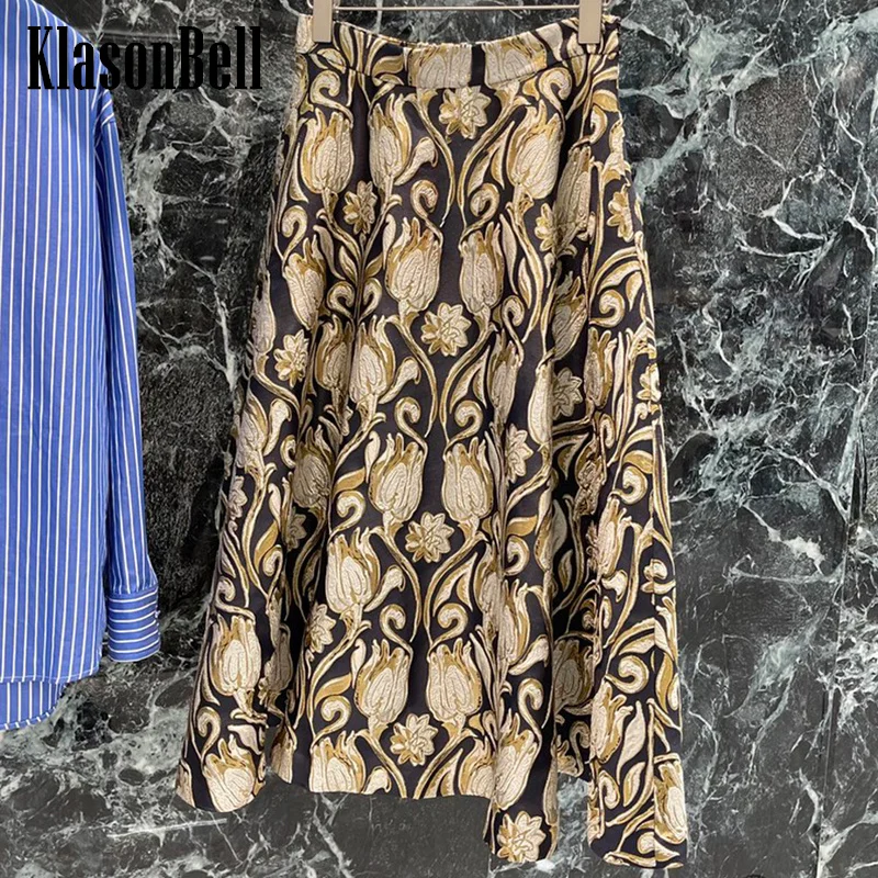 

7.30 KlasonBell Women 2024 Autumn New Tulip Pattern Spun Gold Jacquard Long Skirt Classic All-match Side Pocket A-Line Skirt