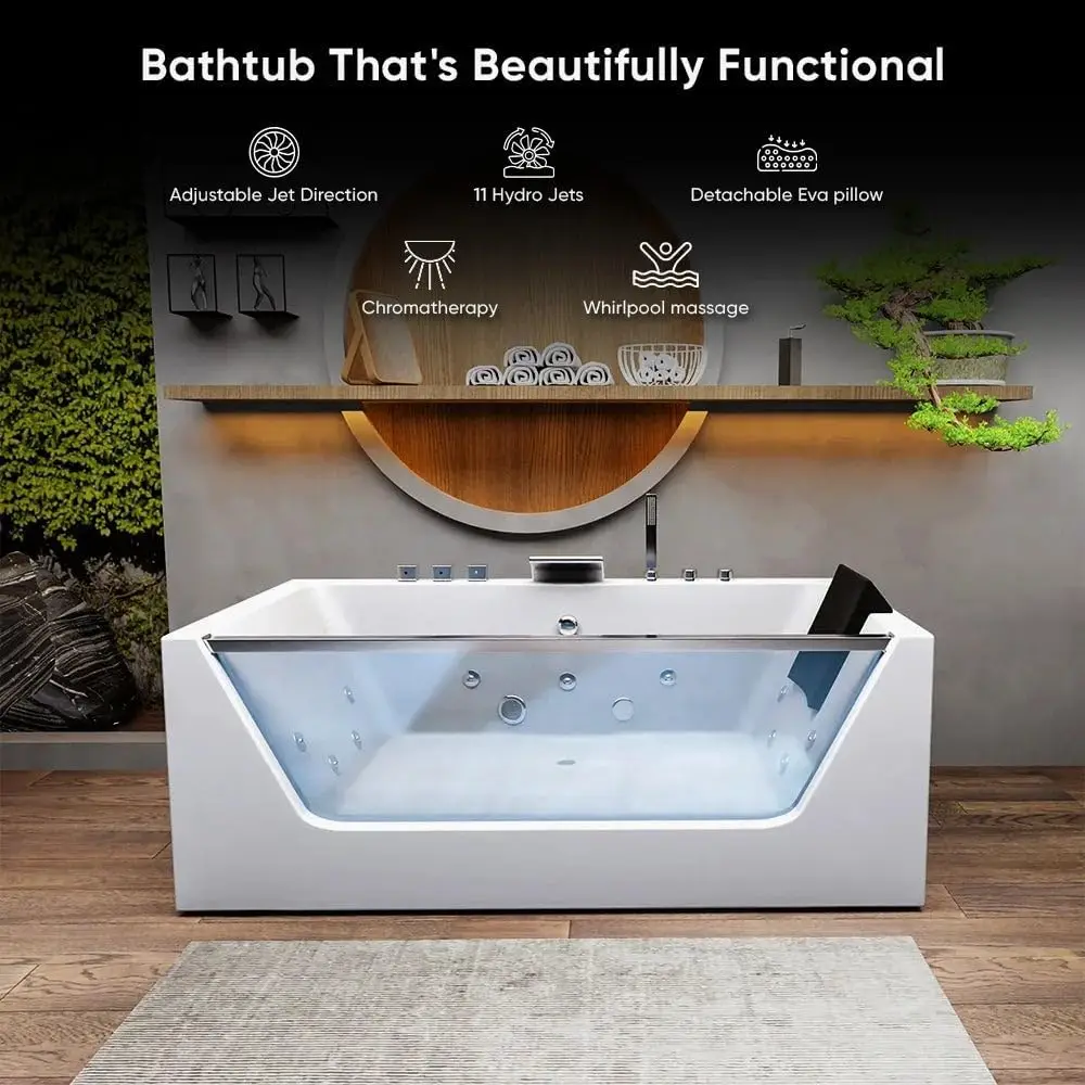 60” Whirlpool Tub, Hydro Massage Bathtub With 11 Water Jets, Spa Bathtub, Whirlpool Tub With Center Drain, Acrylic, White, Led