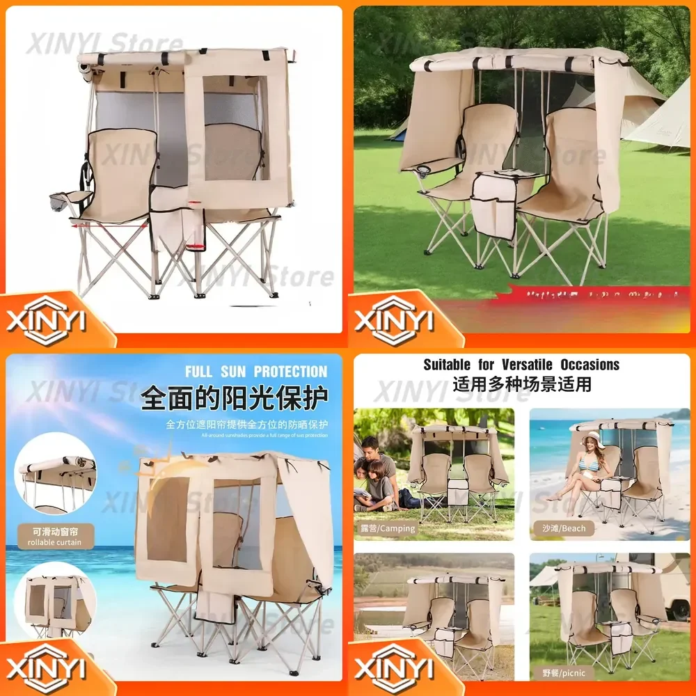 Outdoor Camping Double Folding Chair for Fishing Beach Leisure with Integrated Awning Director Chair for All Terrain Use