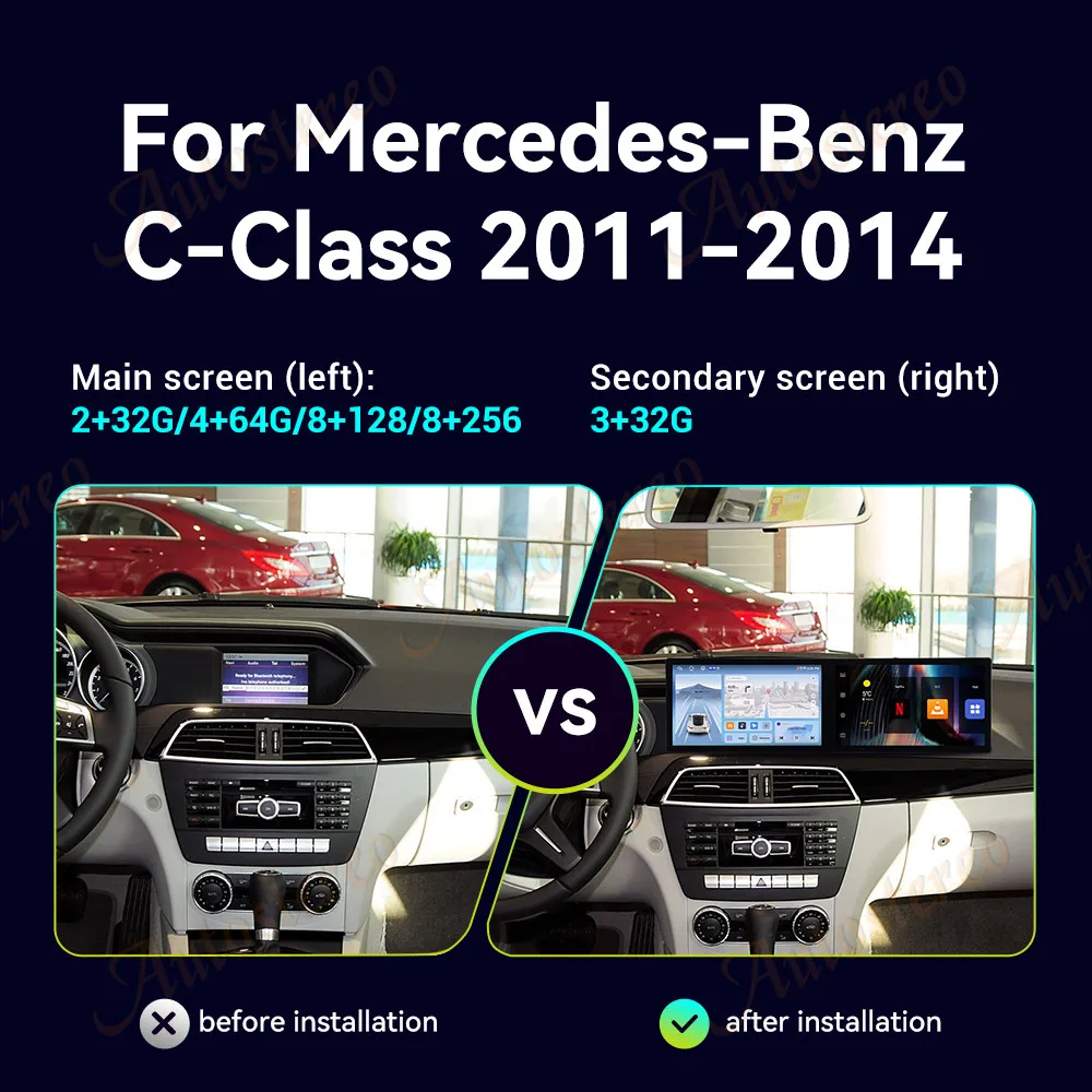 Car GPS Navigation Player For Mercedes-Benz C-Class 2011-2014 Android 14 Dual 11.5 Inch Screen Multimedia Display Car Radio