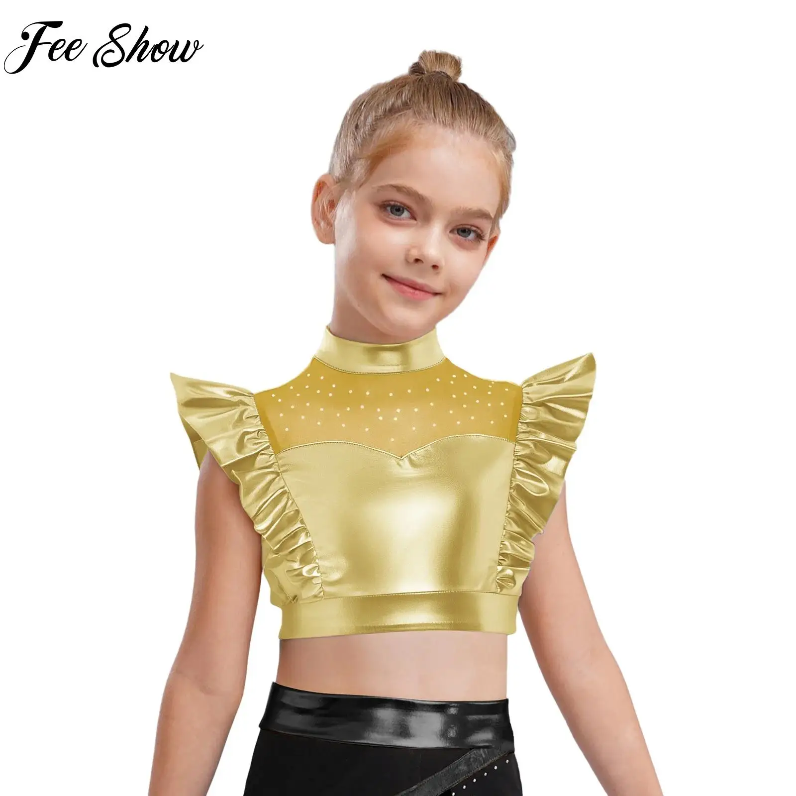 

Kid Girl Dancewear Metallic Tank Tops Mesh Rhinestone Adorned Sleeveless Shiny Ruffle Crop Tops with Press Buttons Dance Shirts