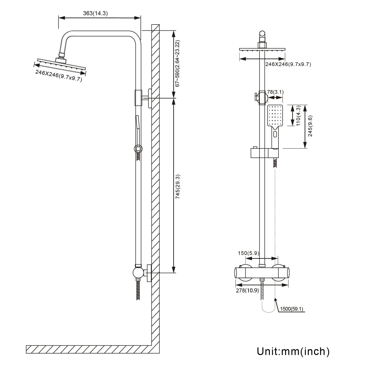 Shower System with Thermostat – 10-Inch Rain Shower Head, Stainless Steel, with Thermostat and Adjustable Wall Mount