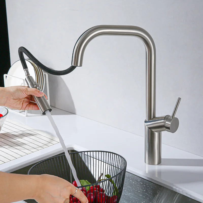 Nickel Kitchen Faucet 304 Stainless Steel Pull-out Kitchen Sink Faucet Stream Sprayer Head 360 Rotation Hot And Cold Mixer Tap