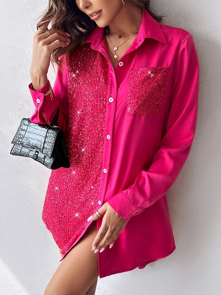 Dresses for Women  Contrast Sequin Leopard Print Satin Pocket Shirt Dress Vestidos De Mujer Casual Elegant Mini Robe Female