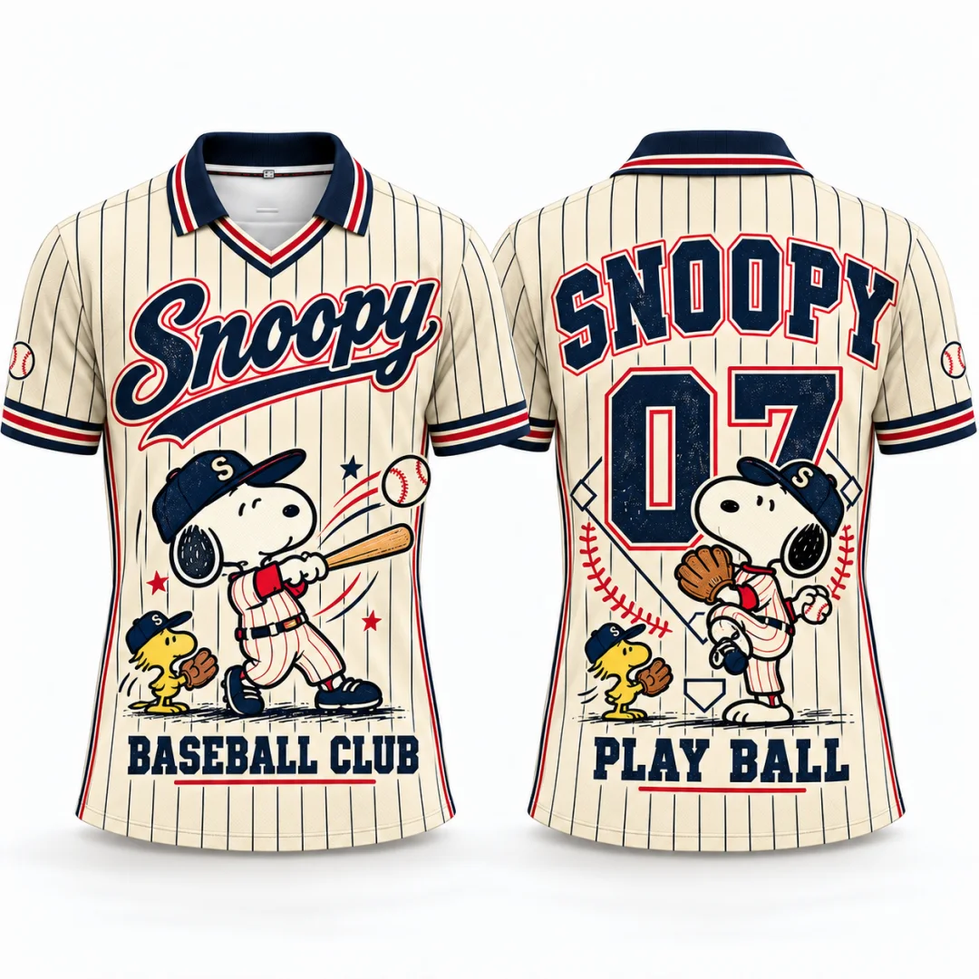 Snoopy Baseball Club Graphic Polo Shirt Vintage Striped Cartoon  V Collar Short Sleeve Kids Jersey Unisex Summer Streetwear Tops