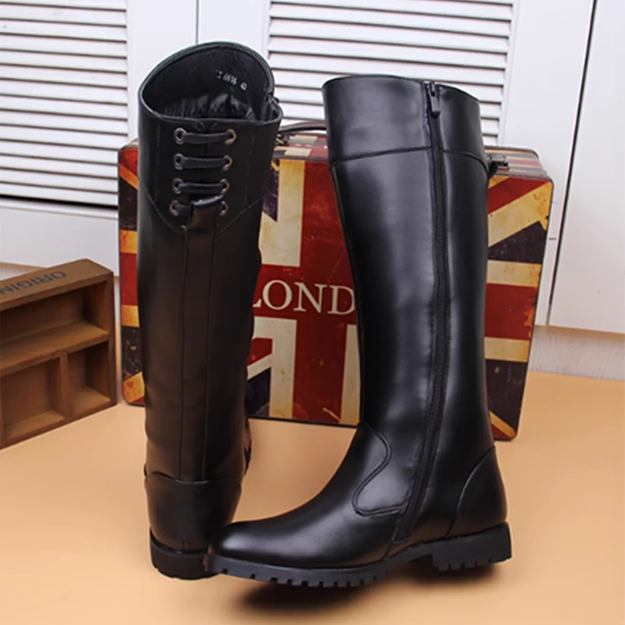 WW2 เยอรมนีทหารรองเท้าเข่าสูงรองเท้าบูทยาวสีดําผู้ชายคุณภาพของแท้รองเท้าหนังอัศวินขี่รองเท้า