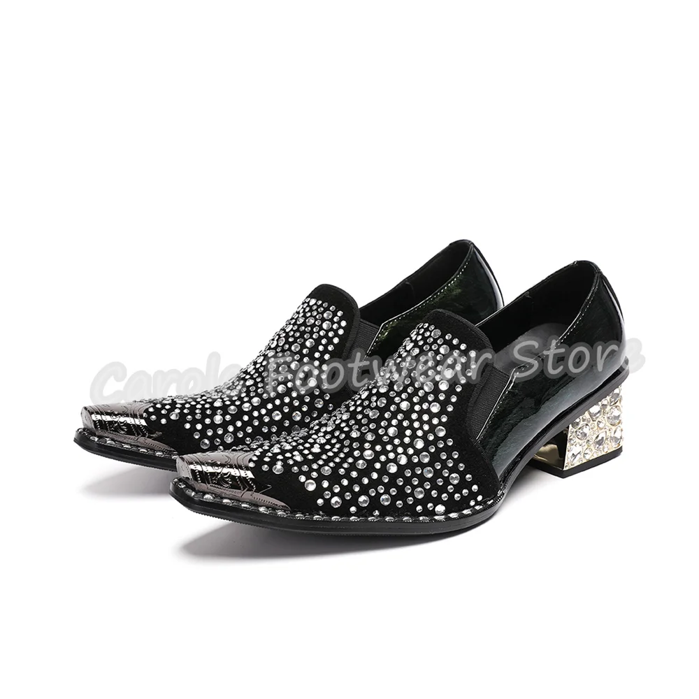 Full Cover Rhinestone Pointed Metal Toe Loafers Male Crystal Chunky Heel Genuine Leather Oxfords Stage Wedding Dress Shoes